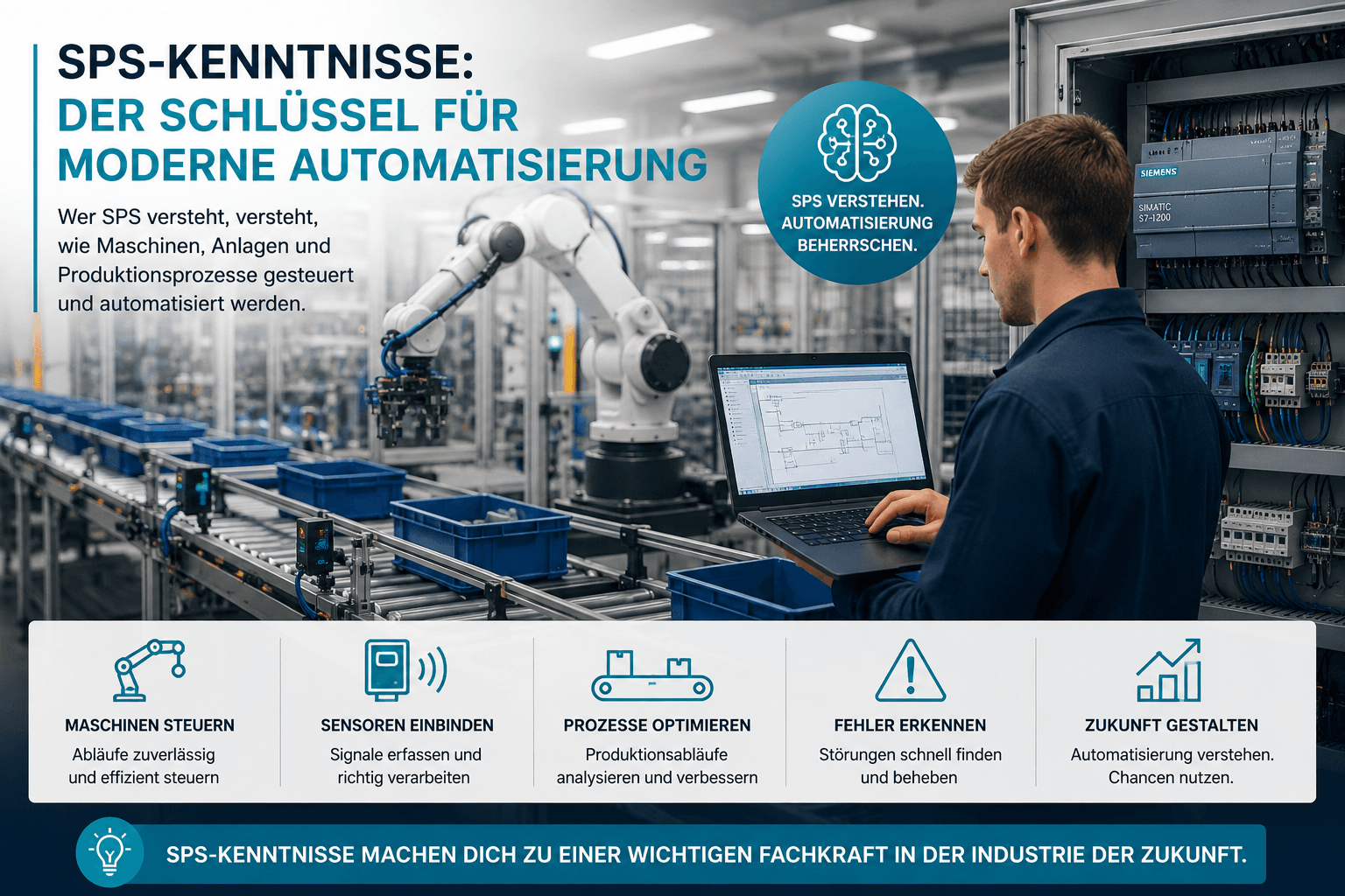 SPS Automatisierung in moderner Industrie mit Maschinen, Sensoren, Förderband und digitaler Steuerung